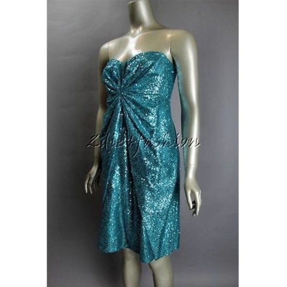 NWT REDUX Charles Chang Lima Teal Blue Green Sequin Strapless Dress 4 - Picture 1 of 7